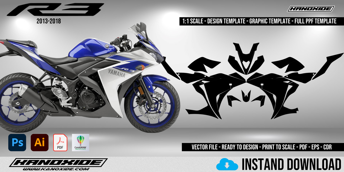 Plantilla completa a escala 1:1 de la Yamaha R3 2013-2018 - Diseño vectorial digital