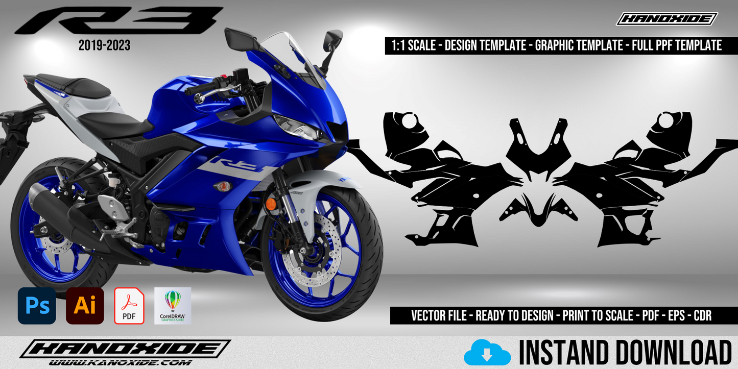 Plantilla completa a escala 1:1 de la Yamaha R3 2019-2021 - Diseño vectorial digital
