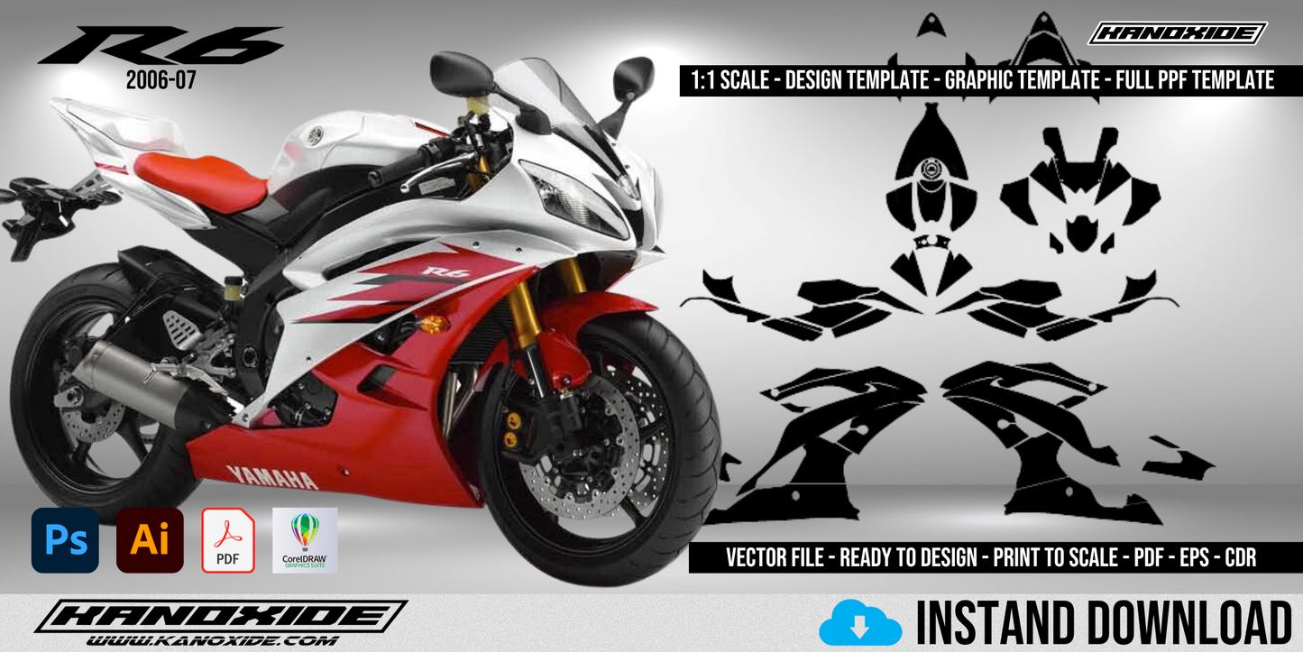 YAMAHA R6 2006-2007 Volle Vorlage im Maßstab 1:1 - Design Vector Digital