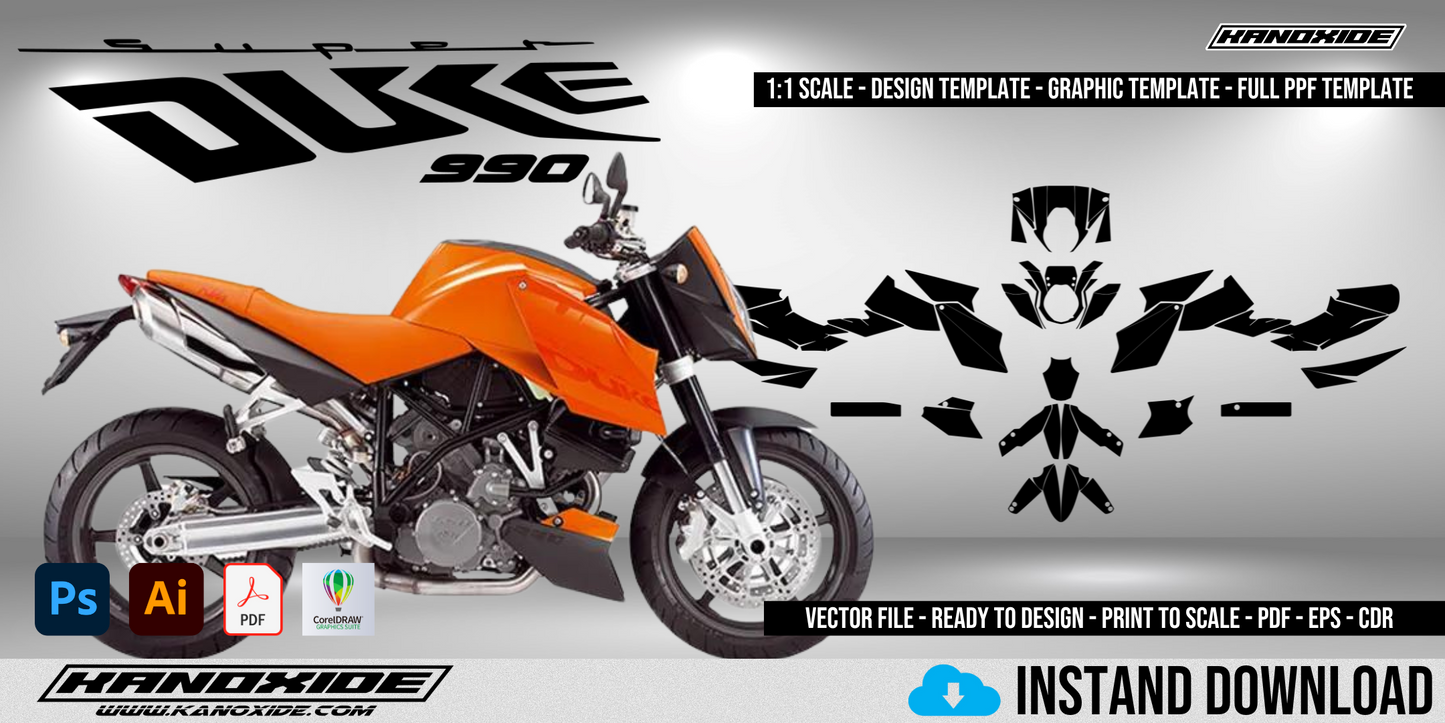 Plantilla completa a escala 1:1 de la KTM SUPER DUKE 990 - Diseño vectorial digital