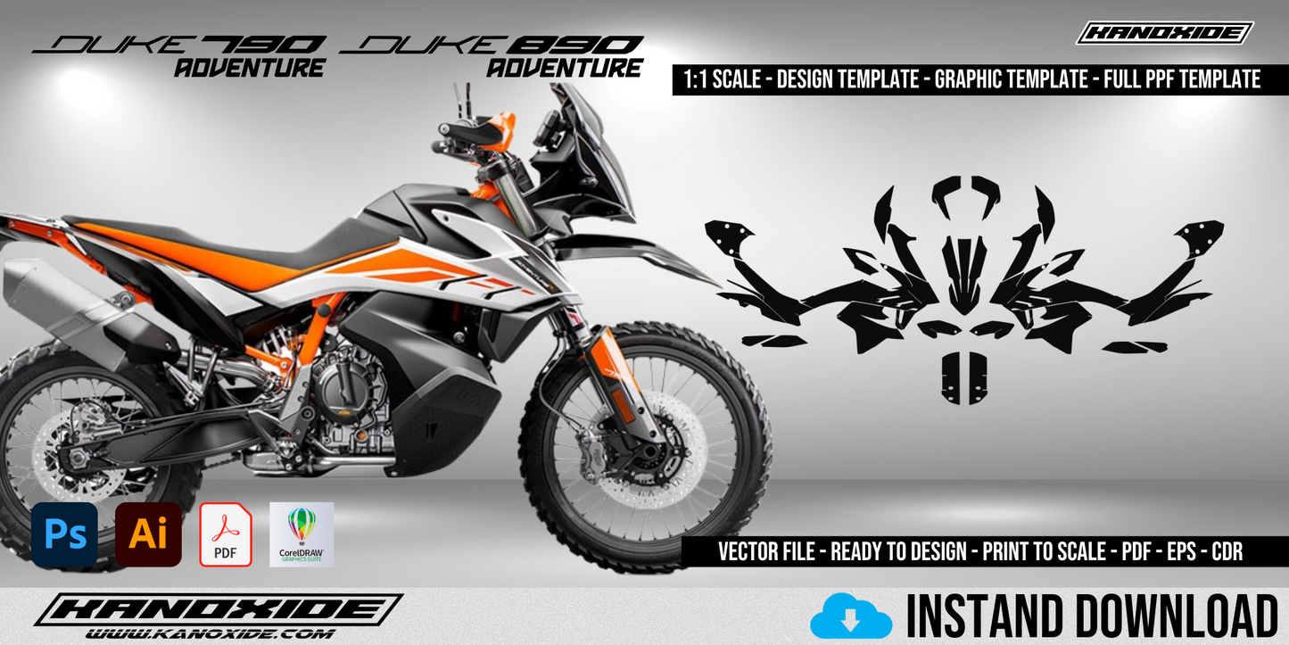 Plantilla completa a escala 1:1 para KTM 790 890 ADV R 2019-2020 - Diseño vectorial digital