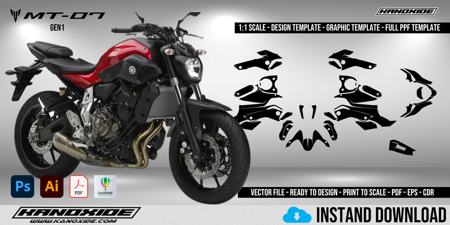 Plantilla completa a escala 1:1 de la Yamaha MT-07 (2015-2017) - Diseño vectorial digital