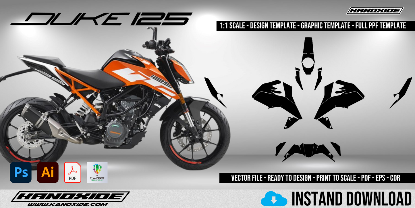 Plantilla completa a escala 1:1 para la KTM 125 DUKE 2017-2020 - Diseño vectorial digital
