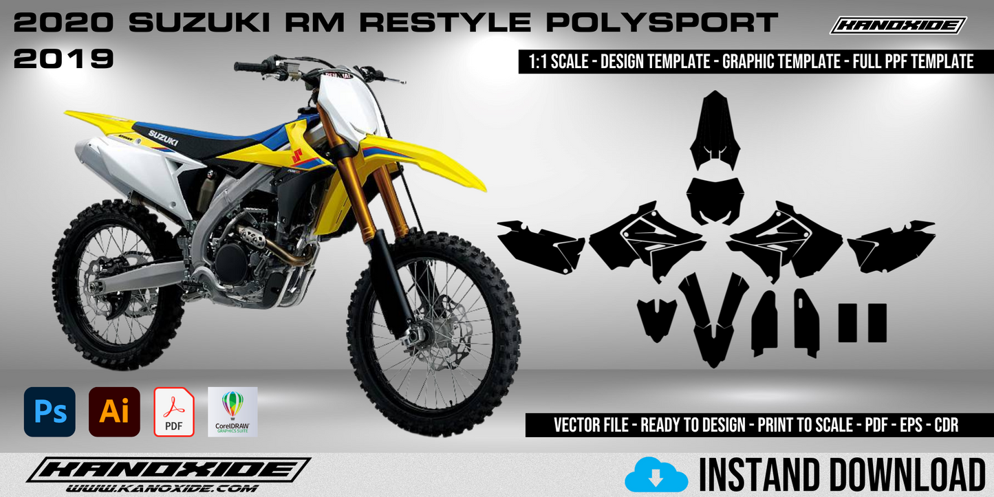 Plantilla de diseño vectorial digital para el Suzuki RM 2020, escala 1:1.