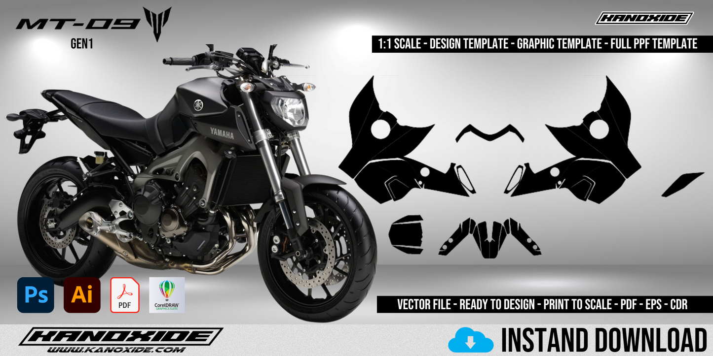 YAMAHA MT 09 2013-2016 Vollständige Vorlage im Maßstab 1:1 - Design Vector Digital