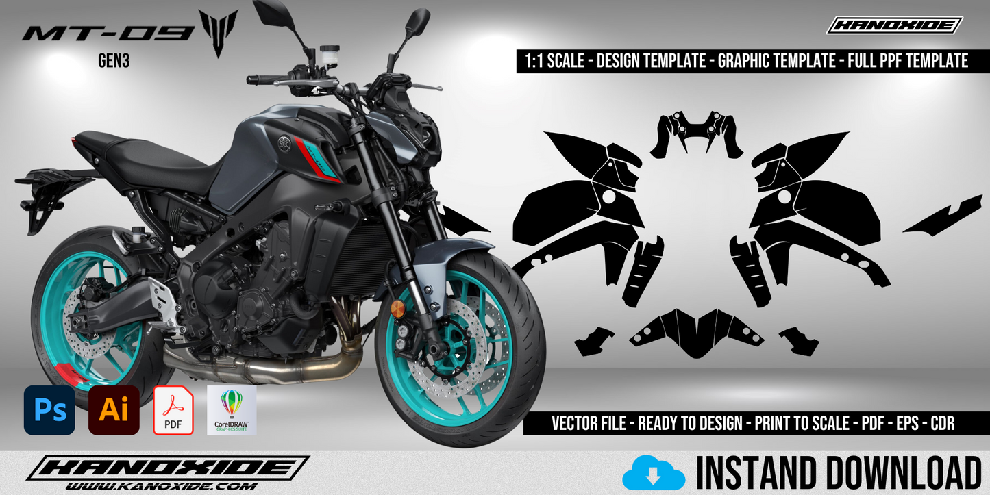 YAMAHA MT 09 2021-2023 Full 1:1 Scale Template - Design Vector Digital