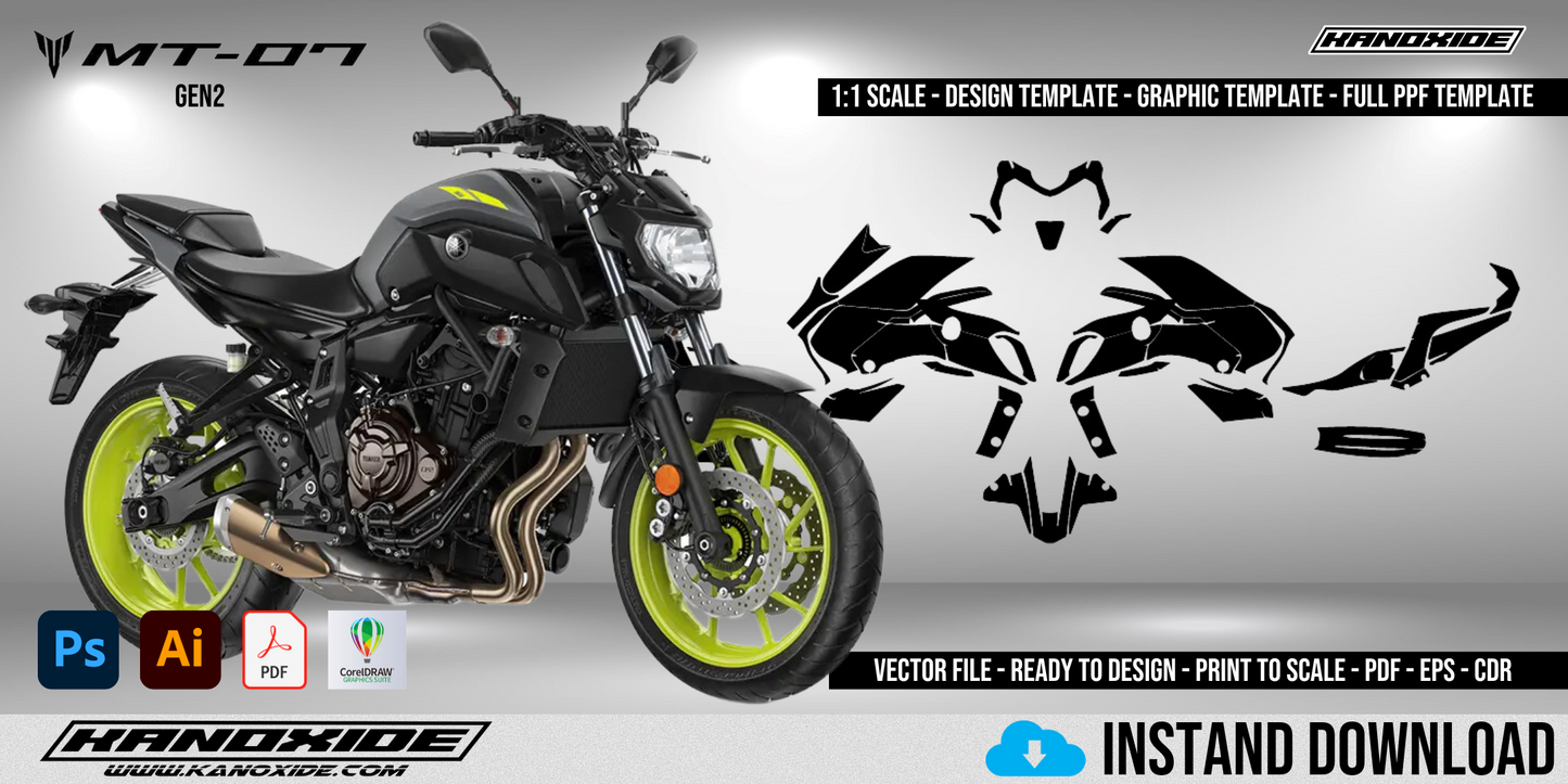 Plantilla completa a escala 1:1 de la Yamaha MT07 (2018-2020) - Diseño vectorial digital