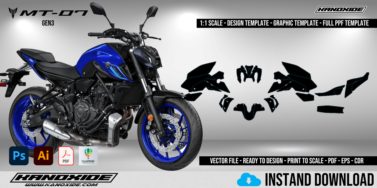 Plantilla completa a escala 1:1 para Yamaha MT07 FZ07 2022 - Diseño vectorial digital