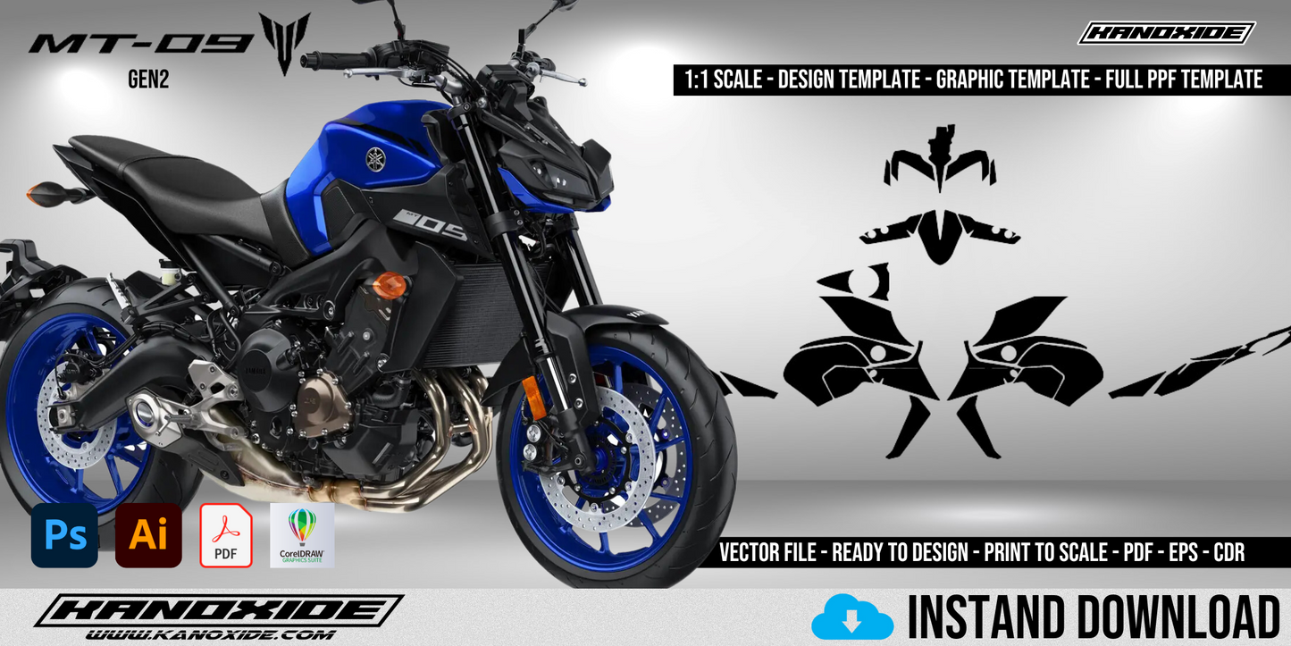 Plantilla completa a escala 1:1 para Yamaha MT09 (2017-2020) - Diseño vectorial digital