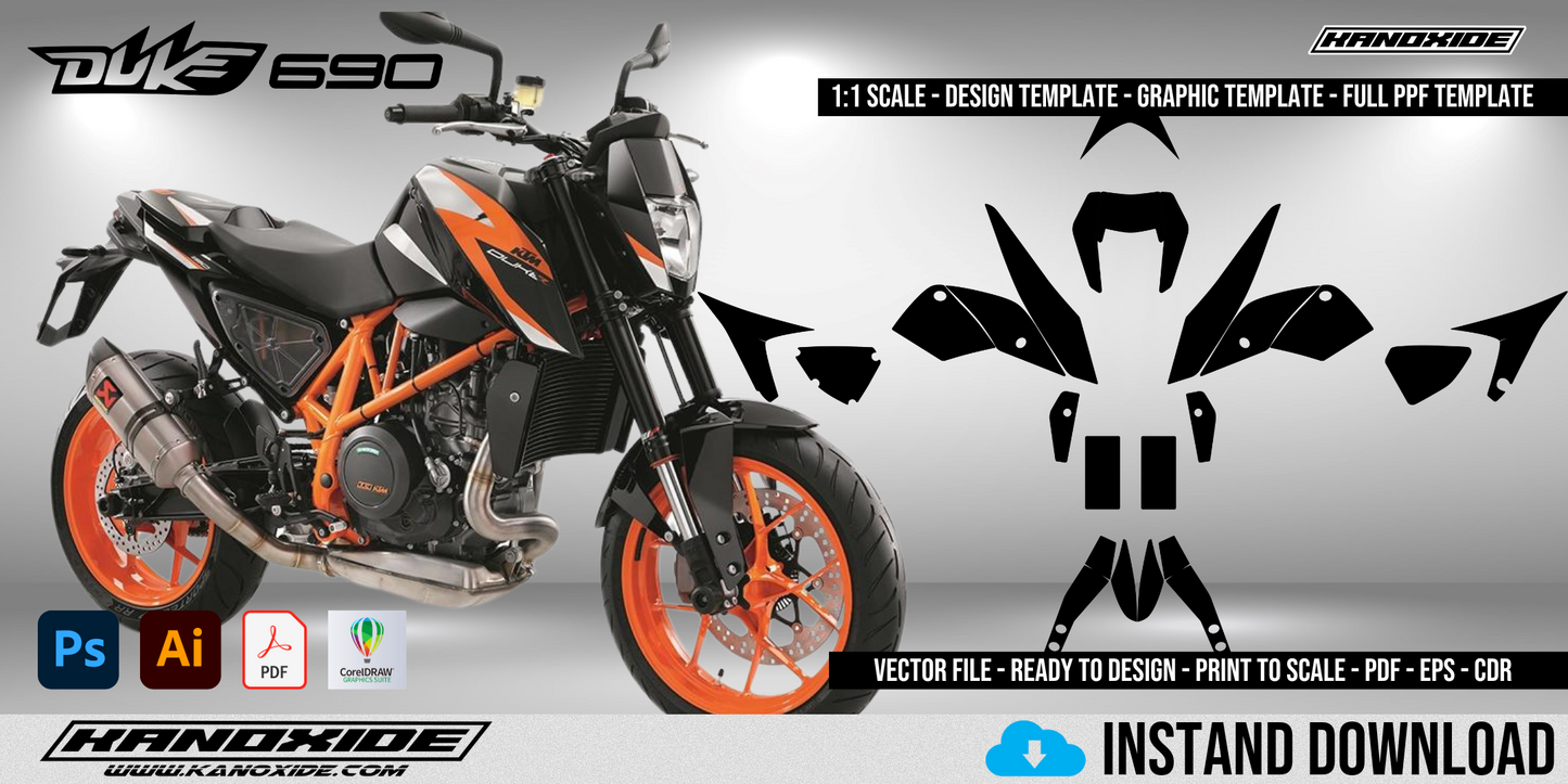 Plantilla completa a escala 1:1 de la KTM DUKE 690 2018 - Diseño vectorial digital