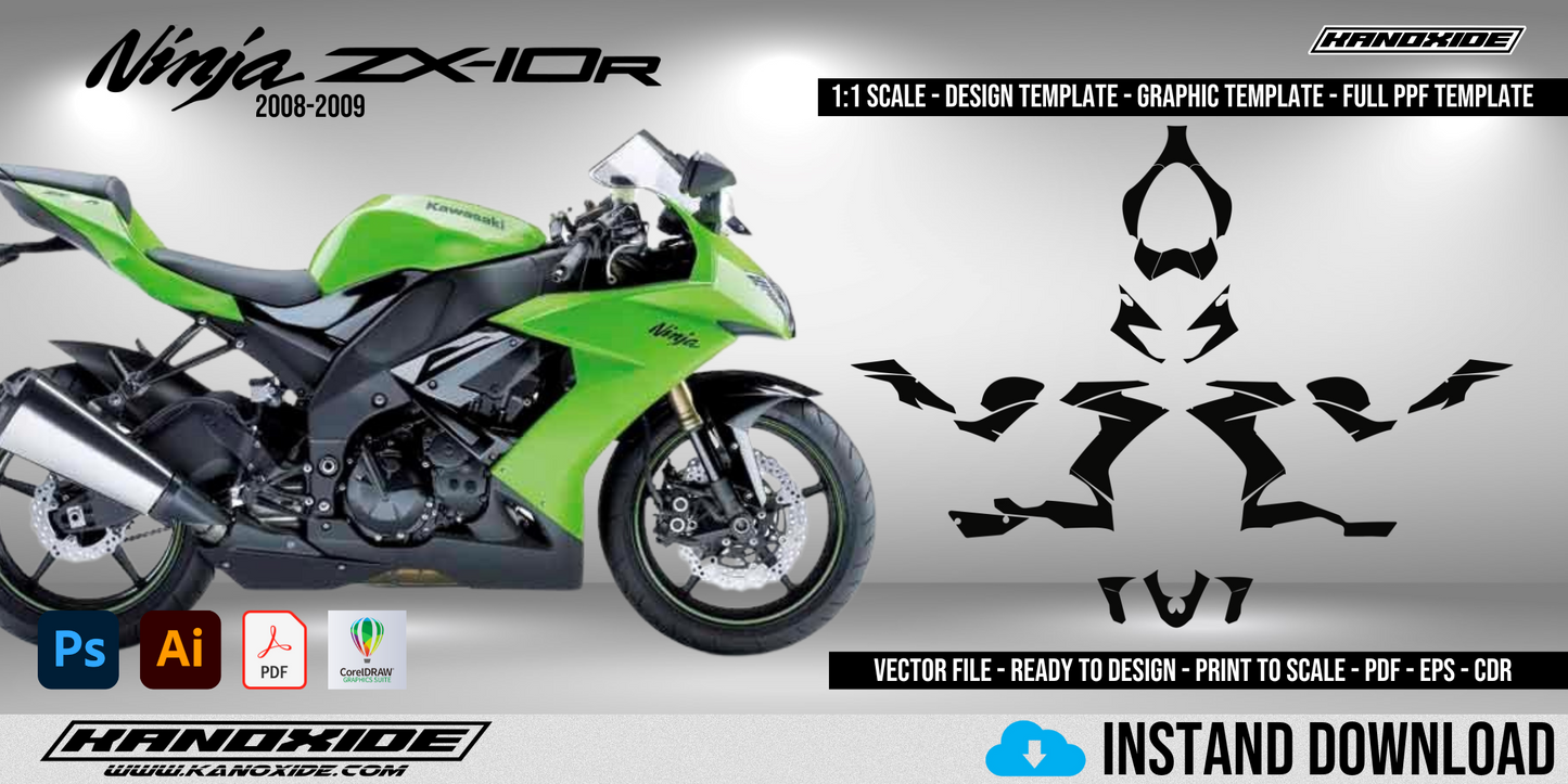 Kawasaki ZX10 08-09 Full 1:1 Scale Template - Design Vector Digital