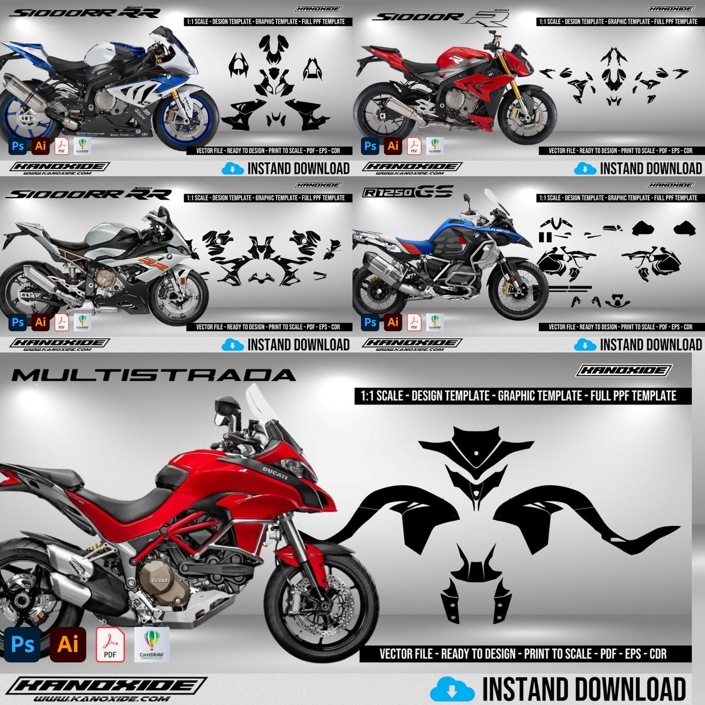 Paquete completo de motocicletas BMW y Ducati - Plantilla de envoltura - Plantilla de escala - Diseño vectorial digital