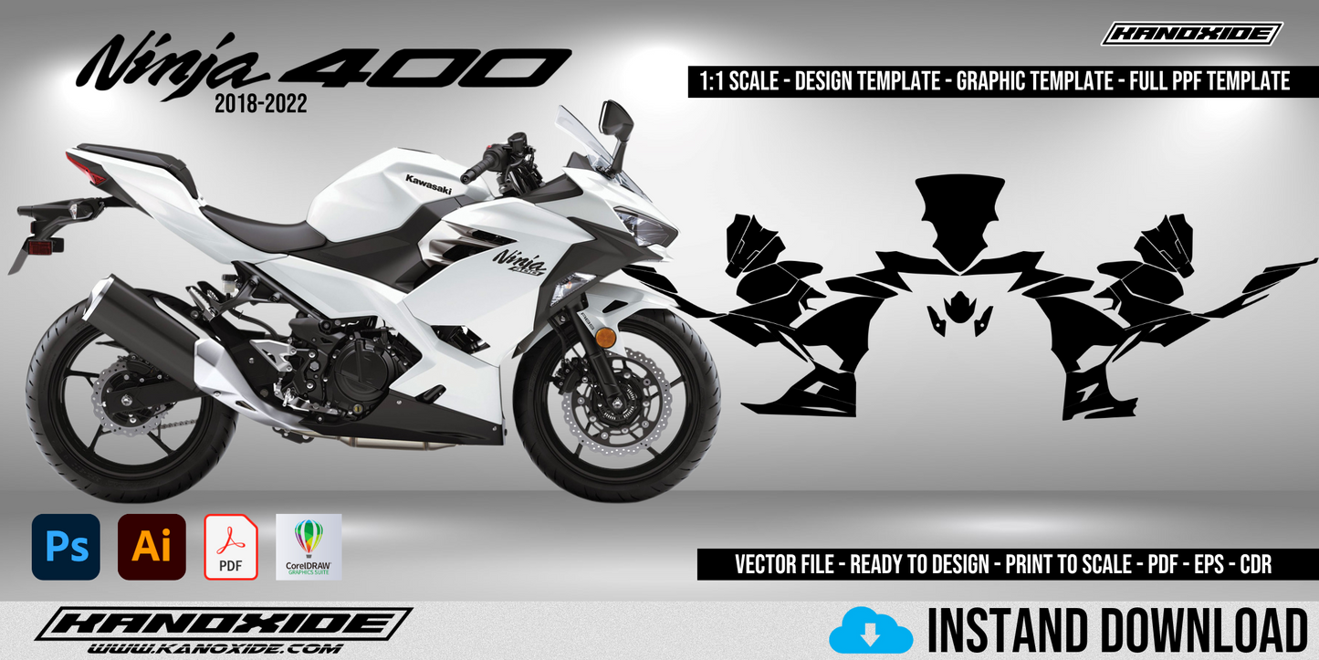 Plantilla completa a escala 1:1 de la Kawasaki Ninja 400 (2018-2022) - Diseño vectorial digital
