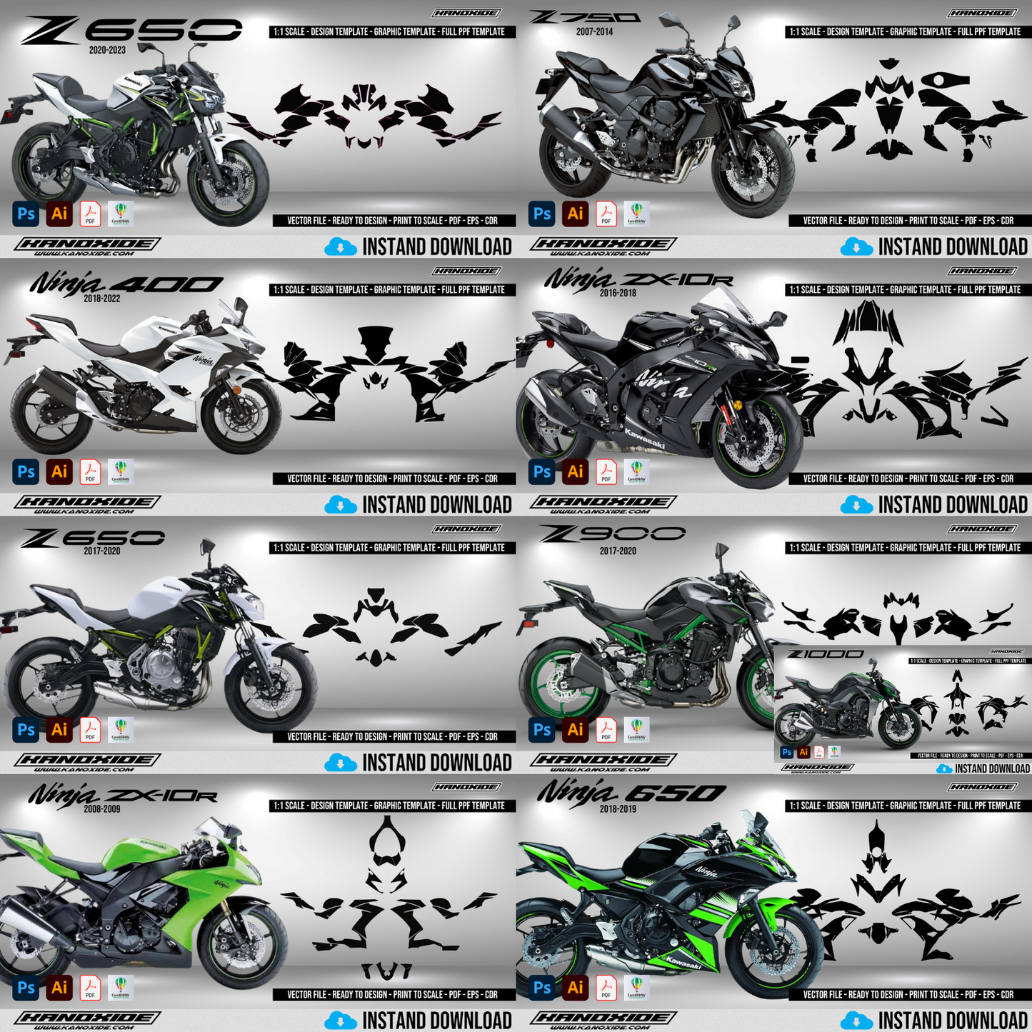 Paquete completo de motocicletas Kawasaki: plantilla de envoltura - Diseño de plantilla a escala, descarga digital vectorial, gráficos de envoltura de motocicletas PPF