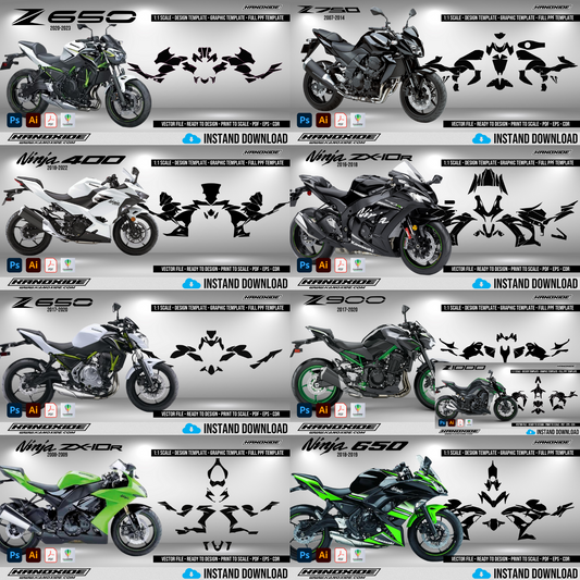 Paquete completo de motocicletas Kawasaki: plantilla de envoltura - Diseño de plantilla a escala, descarga digital vectorial, gráficos de envoltura de motocicletas PPF