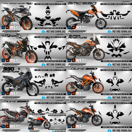 Paquete completo de motocicletas KTM - Plantilla de envoltura - Plantilla de escala - Diseño vectorial digital
