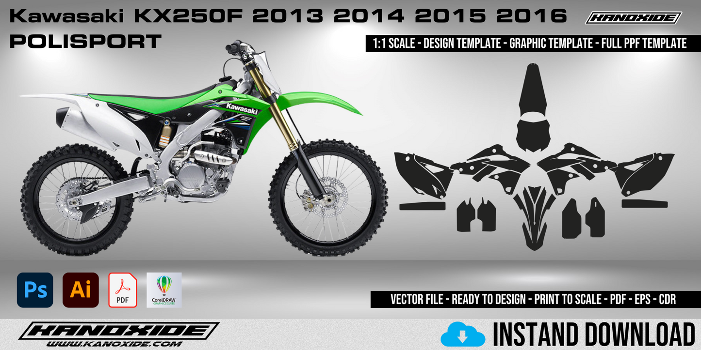 Kawasaki KX250F 2013-16 POLISPOR Full 1:1 Scale Template - Design Vector Digital