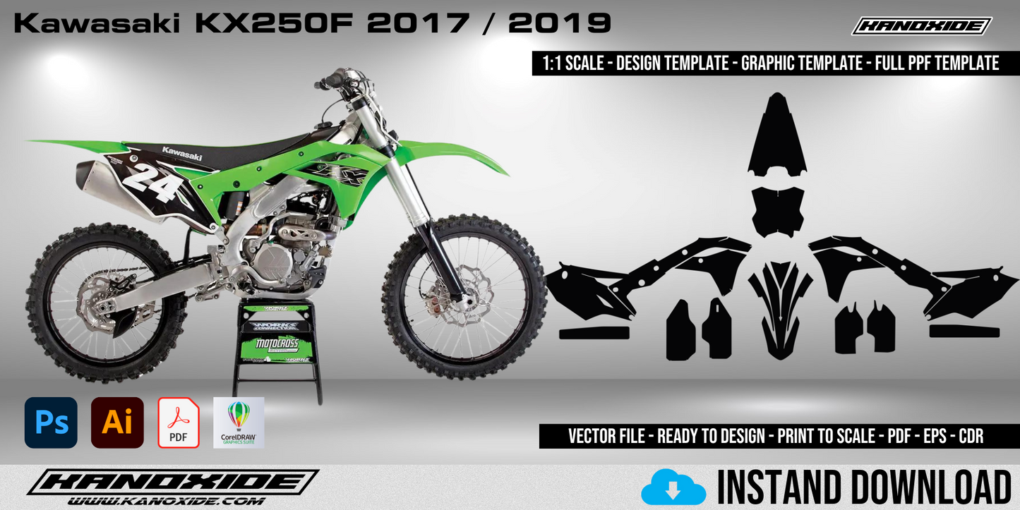 Plantilla completa a escala 1:1 para Kawasaki KX250F 2017-2019 - Diseño vectorial digital