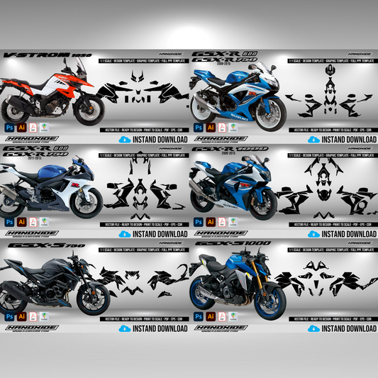 Paquete completo de motocicletas Suzuki - Plantilla de envoltura - Plantilla de escala - Diseño vectorial digital