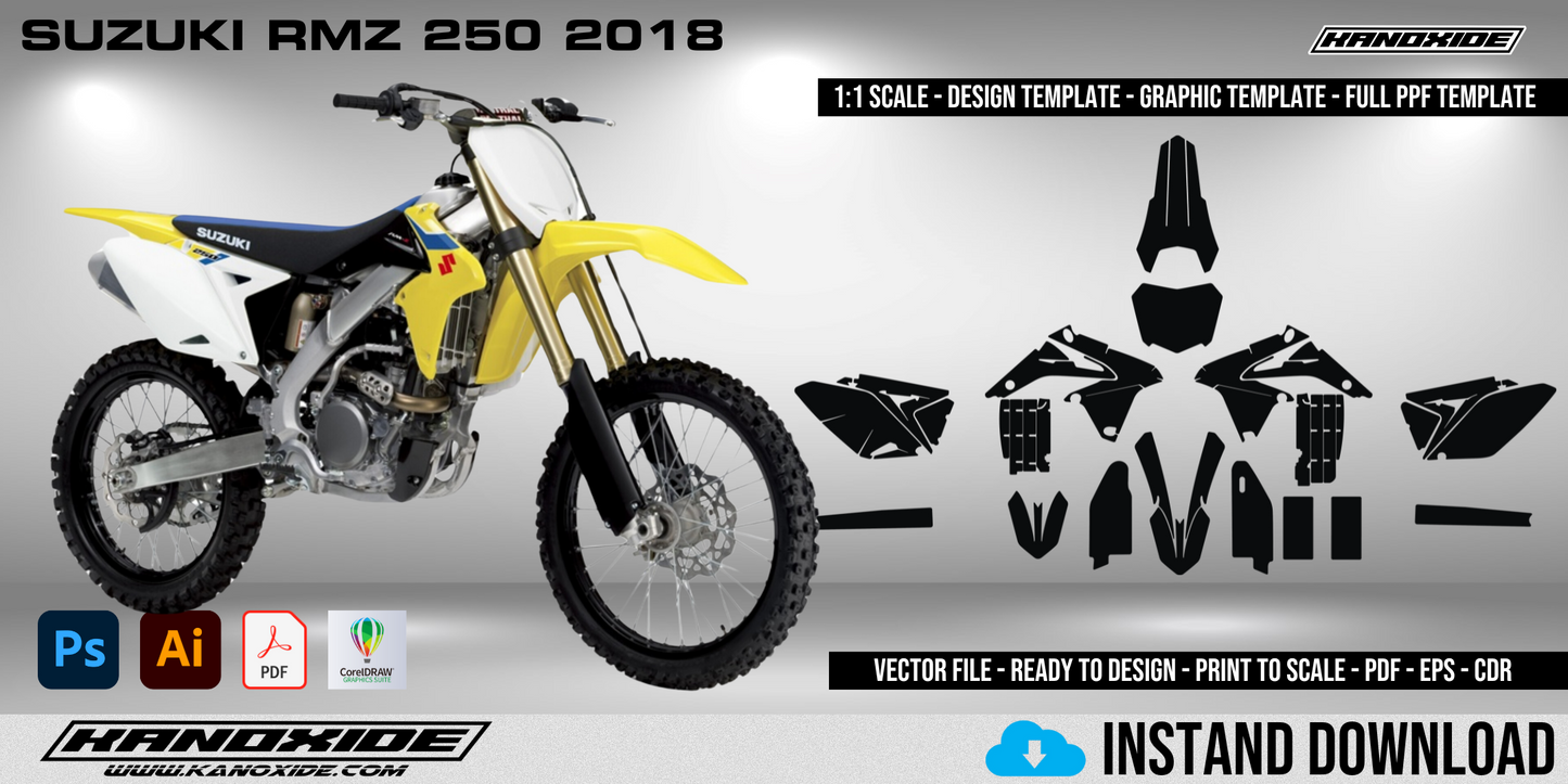 Plantilla completa a escala 1:1 para la Suzuki RMZ 250 2018 - Diseño vectorial digital