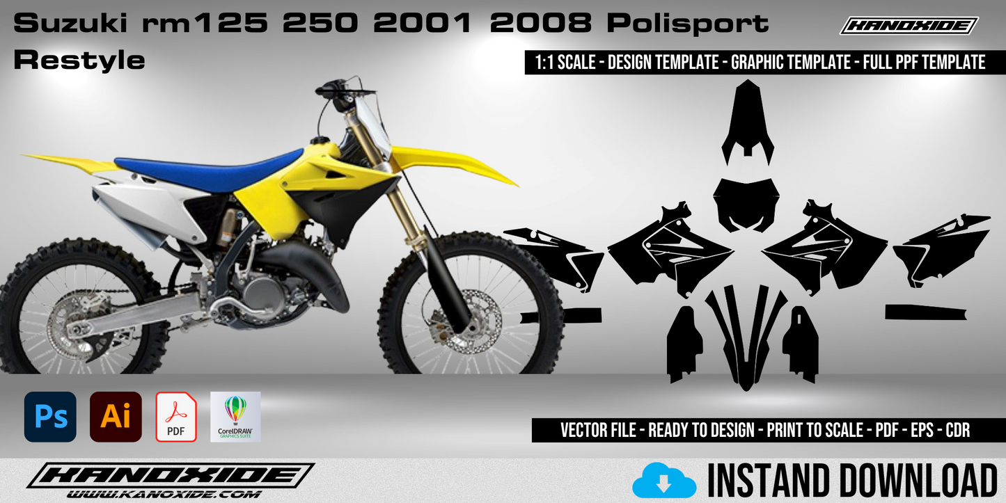 Suzuki rm125 250 2001-08 Polisport Volle 1:1 Maßstab Vorlage - Design Vektor Digital