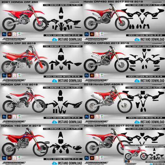 Paquete completo de motocicletas Honda: Plantilla de envoltura, Plantilla de escala, Diseño vectorial, Descarga digital, Gráficos de diseño de envoltura de motocicletas PPF