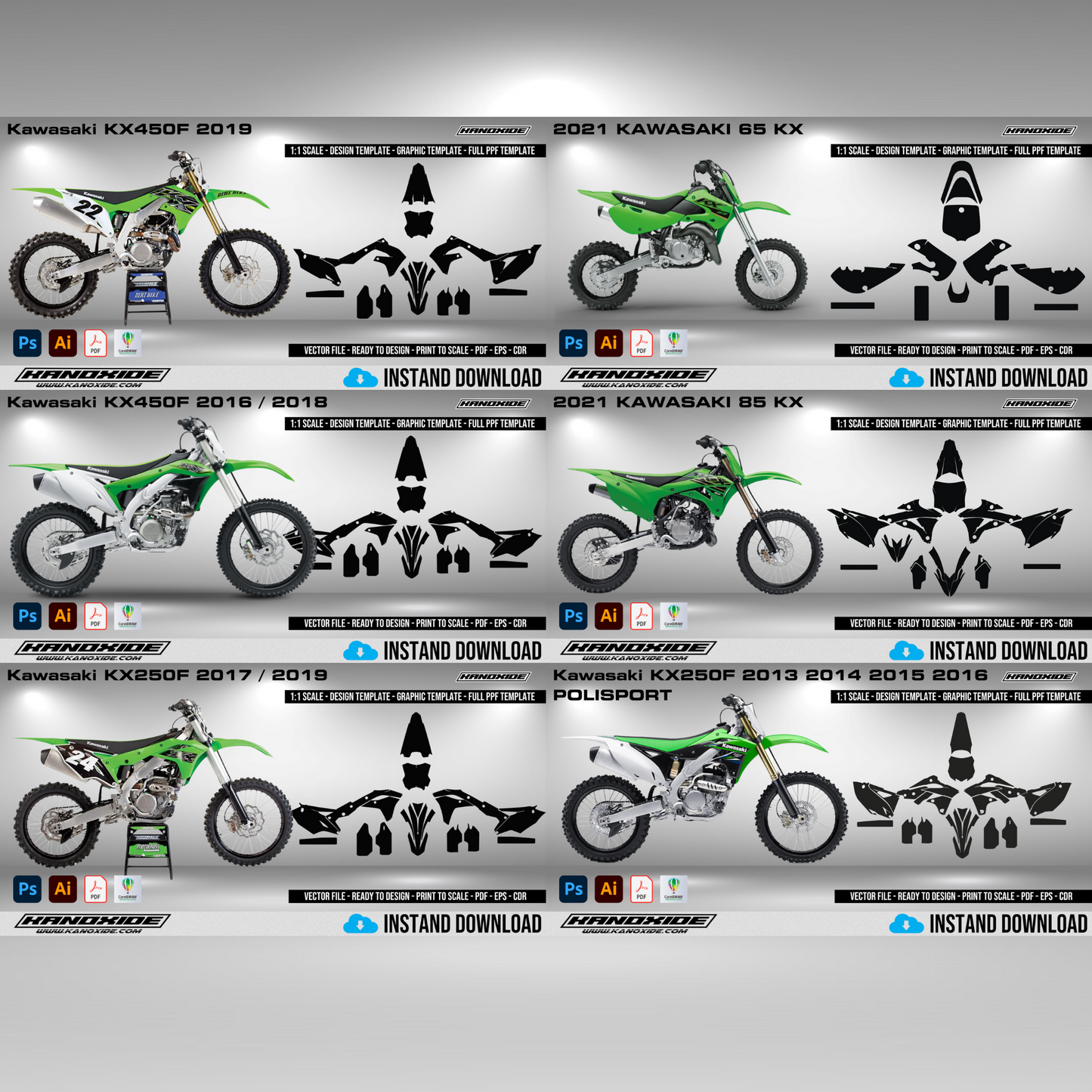 Paquete completo de motocicletas Kawasaki: plantilla de envoltura - Diseño de plantilla a escala, descarga digital vectorial, gráficos de envoltura de motocicletas PPF