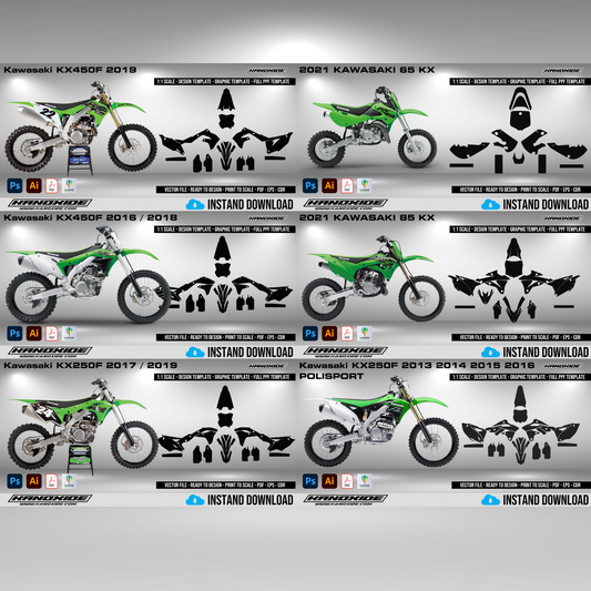 Paquete completo de motocicletas Kawasaki: plantilla de envoltura - Diseño de plantilla a escala, descarga digital vectorial, gráficos de envoltura de motocicletas PPF