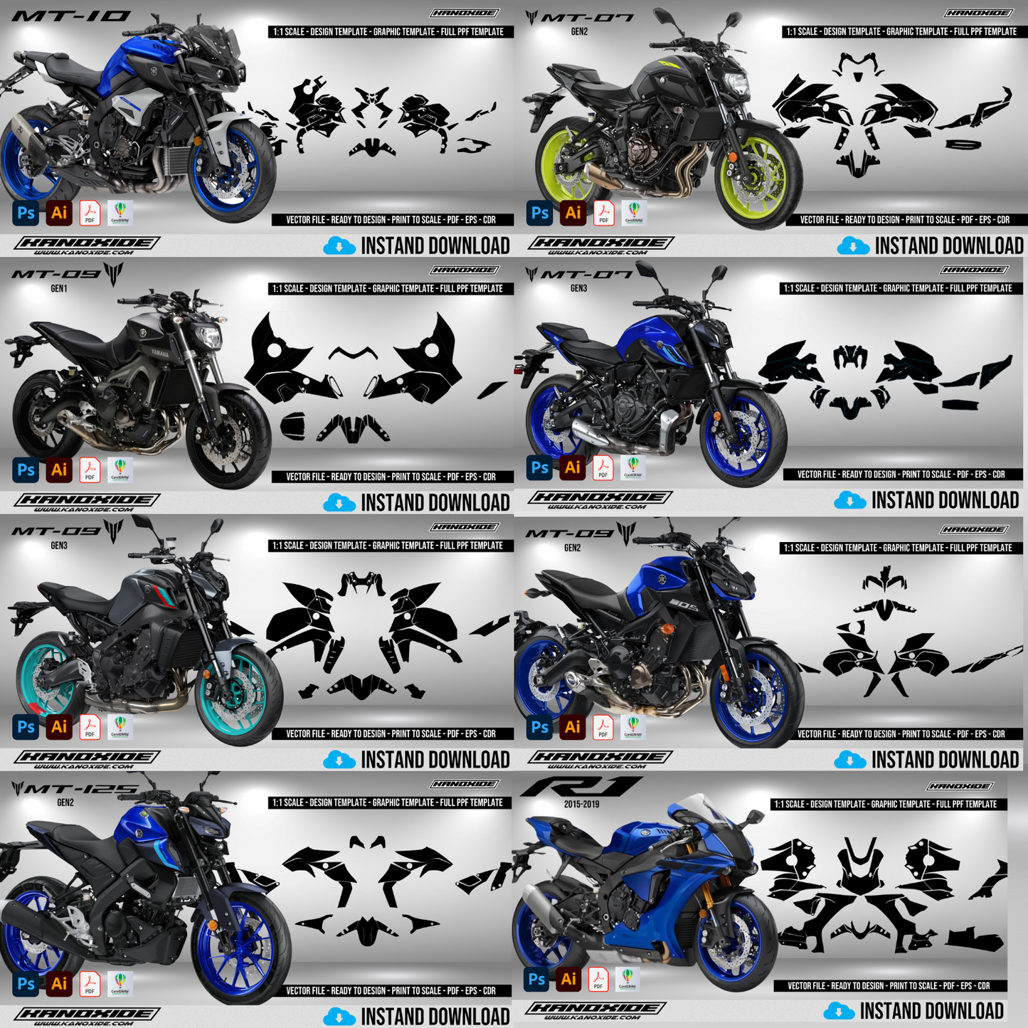 Paquete completo de motocicletas Yamaha - Plantilla de envoltura - Plantilla de escala - Diseño vectorial digital