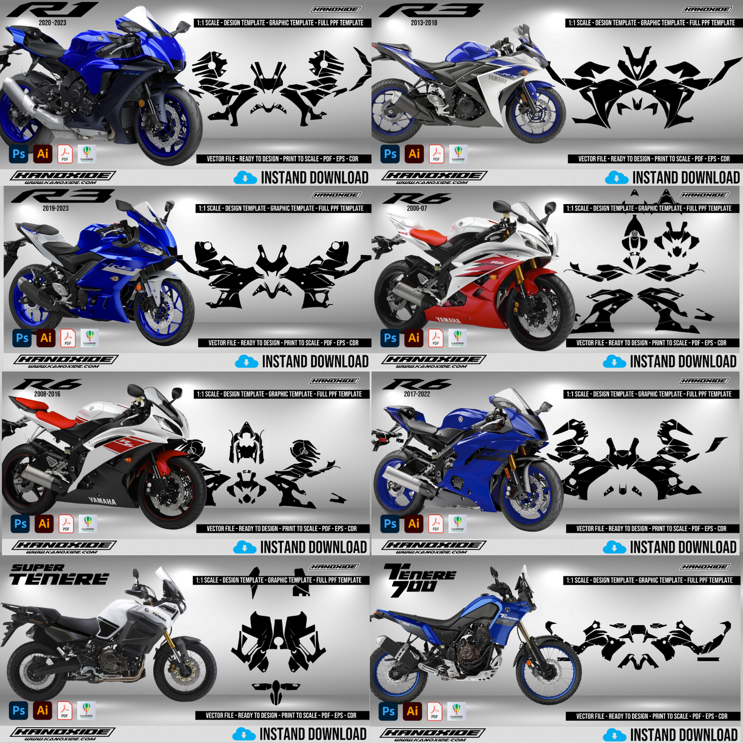 Paquete completo de motocicletas Yamaha - Plantilla de envoltura - Plantilla de escala - Diseño vectorial digital