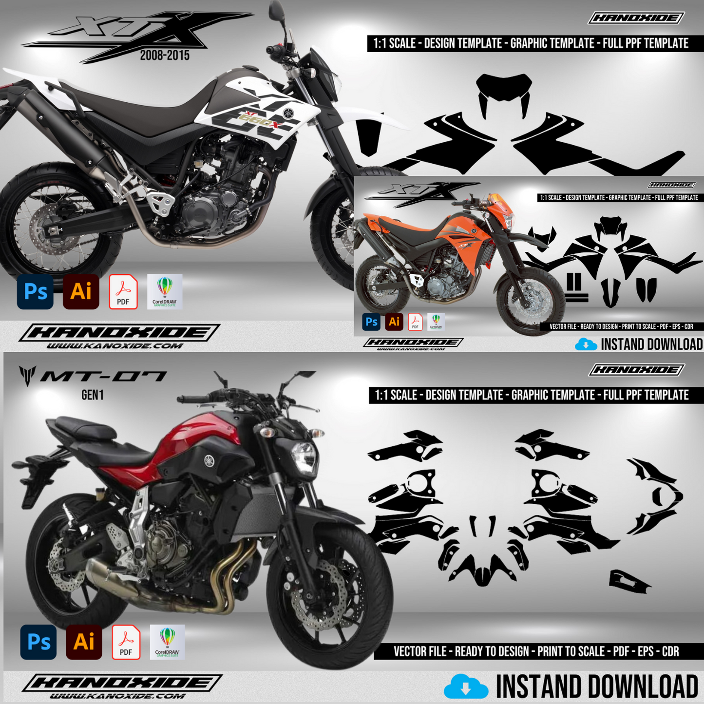 Paquete completo de motocicletas Yamaha - Plantilla de envoltura - Plantilla de escala - Diseño vectorial digital