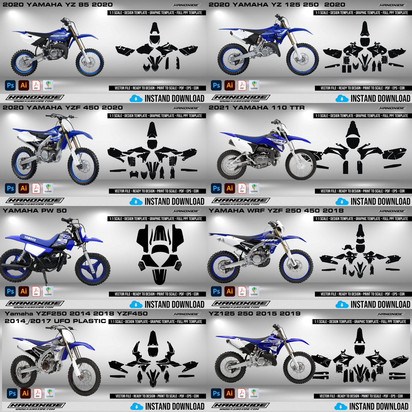 Paquete completo de motocicletas Yamaha - Plantilla de envoltura - Plantilla de escala - Diseño vectorial digital