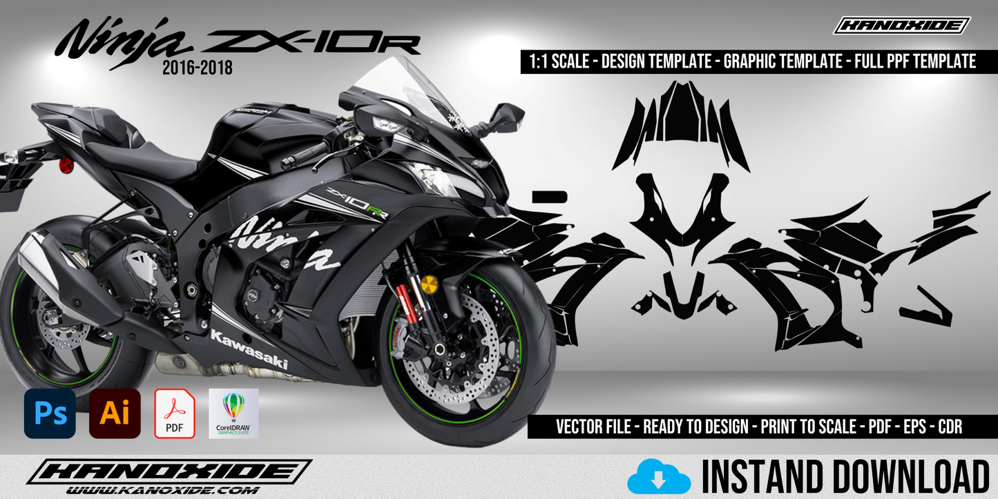 Plantilla completa a escala 1:1 de la Kawasaki Ninja ZX-10R (2016-2018) - Diseño vectorial digital