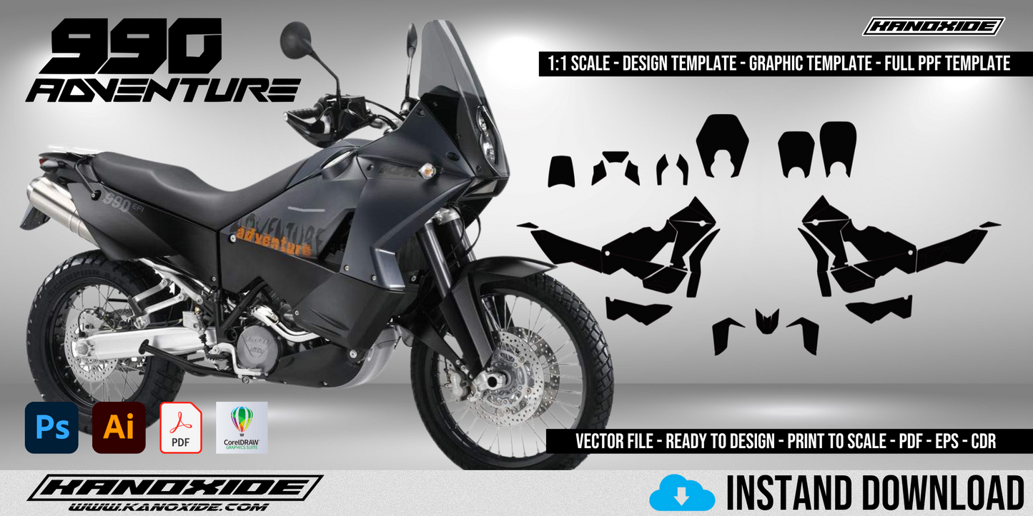 Plantilla completa a escala 1:1 de la KTM 990 Adventure (2007-2013) - Diseño vectorial digital