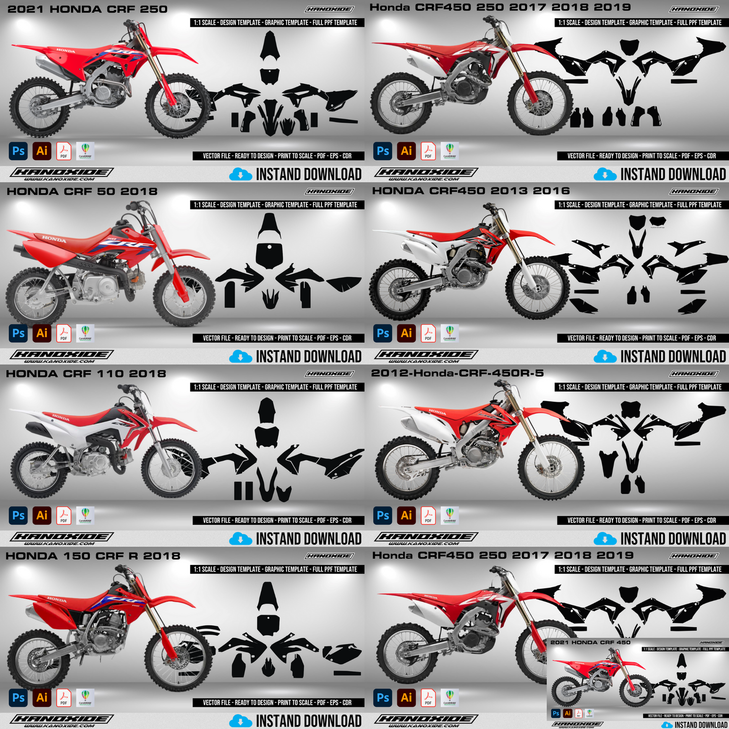 Honda Motorräder Komplettpaket - Wrap Template - Scale Template - Design Vektor Digital Download Moto Motorrad Wrap Design Grafik PPF