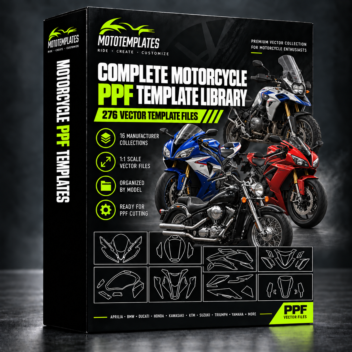 Complete Motorcycle PPF Template Library featuring period-appropriate motorcycles from the included 1999 to 2015 model range